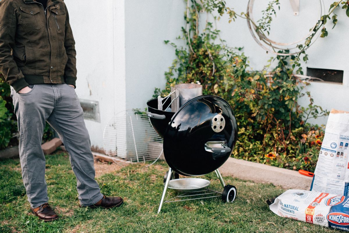 Charcoal barbecue set up in a garden